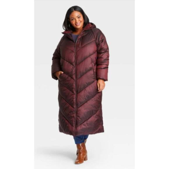 Ava & Viv Women’s Plus Size Winter Puffer Long 2-Way Zip Front Burgundy Coat 2X - Picture 1 of 16